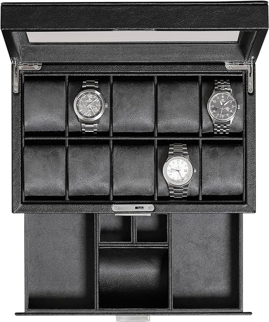 ROTHWELL 10-Slot Watch Box in Leather with Valet Drawer, Luxury Watch Case Display Organizer with Ultra Soft Microsuede Liner, Jewelry and Sunglass Holder With Large Glass top (Black/Grey)