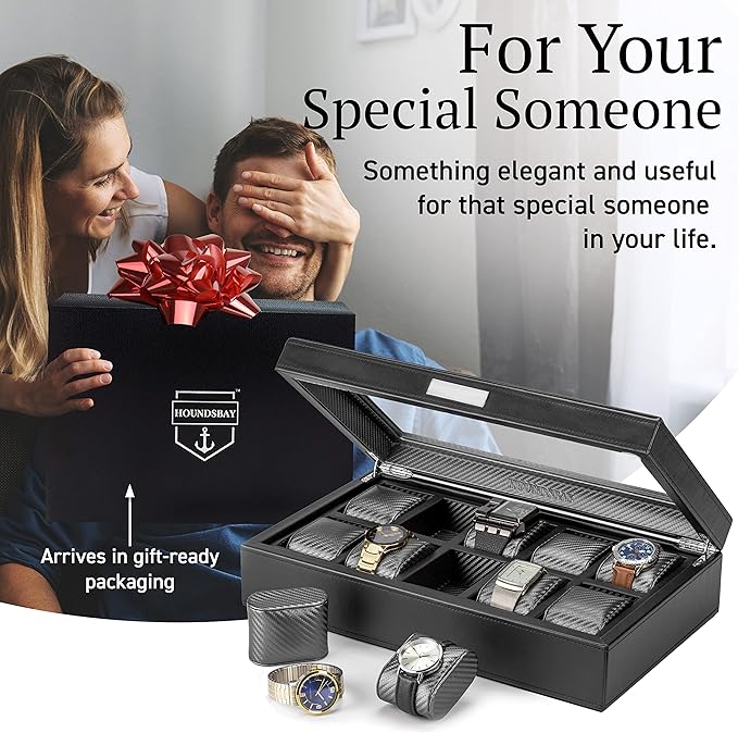 HOUNDSBAY Mariner Watch Box for Large Watches, PU Leather Watch Organizer, Black Carbon Fiber Watch Case Box Men