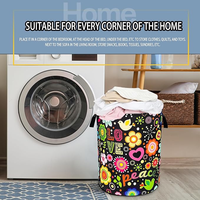 Peace Hippie Flower Laundry Basket Foldable Oxford Cloth Funny Tote Bag Laundry Hamper Clothes Storage Bucket Toy Organizer For Bathroom/Laundry Storage/Bedroom 18.9x16.5 Inch