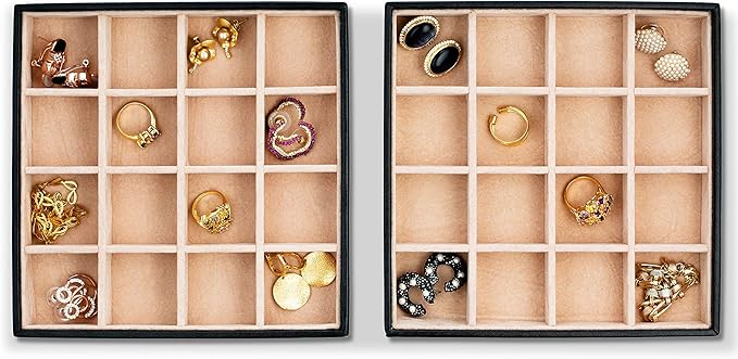 Glenor Co Earring Organizer Tray - Set of 2 - Stackable 32 Slots Jewelry Storage Trays - Display on Dresser or Drawer - Compatible with Other Trays - Black