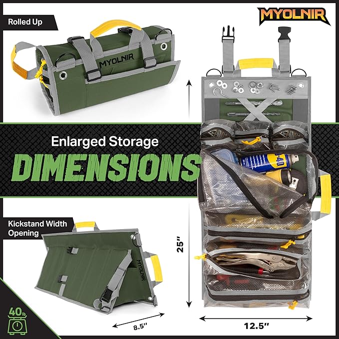 Roll Up Tool Bag Organizer With Kickstand - Compact Heavy Duty Motorcycle Tool Roll Bag Organizer - Portable Rollup Toolbag With Magnetic Panels & Transparent Pockets - Mechanic & Electrician