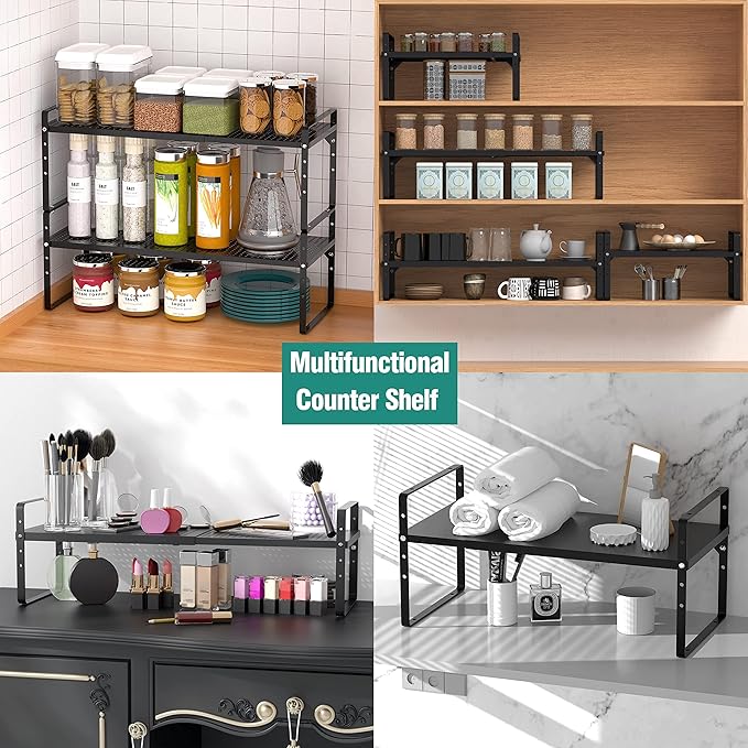 Expandable Cabinet Shelf Organizer Rack, Stackable Kitchen Counter Storage Shelves Stand, Adjustable Height Pantry Shelf Spice Rack, Heavy Duty Nonslip Black Small 2Pack
