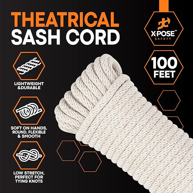 Xpose Safety #6 Sash Cord – 3/16 Inch x 100 Ft – White Cotton Rope with Nylon Core – Low Stretch Utility Cord for Window Sash, Tie Down, Clothesline, Camping, Rigging, DIY, Crafts, Home Improvement
