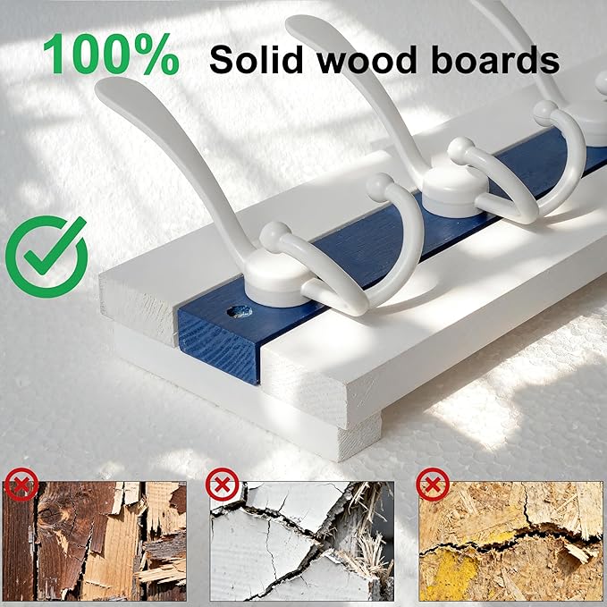 SKOLOO Coastal Wall Mounted Coat Rack - 16-7/8" Beach House Entryway Wooden Coat Hook with 5 Hooks for Hanging Coats, Hats or Towels, Oceanfront Cottage Core Collection, White & Blue, Pack of 2