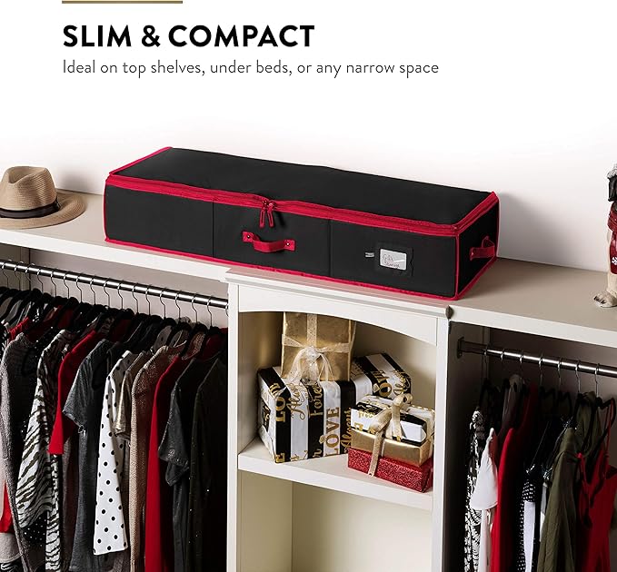 ZOBER Gift Wrapping Paper Organizer Storage - 40" Gift Wrap Storage Containers with Interior Pockets for Bows, Tags & Ribbons - Wrapping Paper Holder, 600D Oxford, Fits 24 Standard Rolls, Black/Red