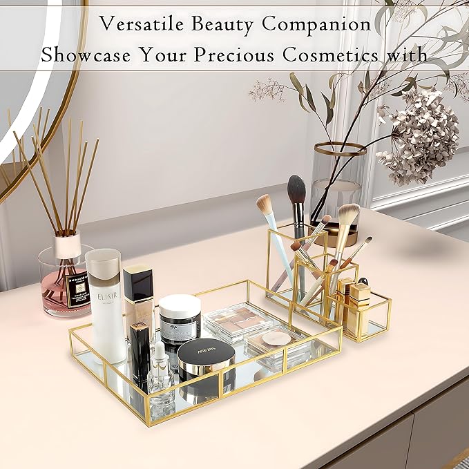 Gold Metal Frame and Glass Vanity Tray Set, Large Decorative Platform for Perfumes, Makeup Brushes, Jewelry Display, Office Stationery Holder, Sophisticated Design, 12.2x8.5x2.2 in