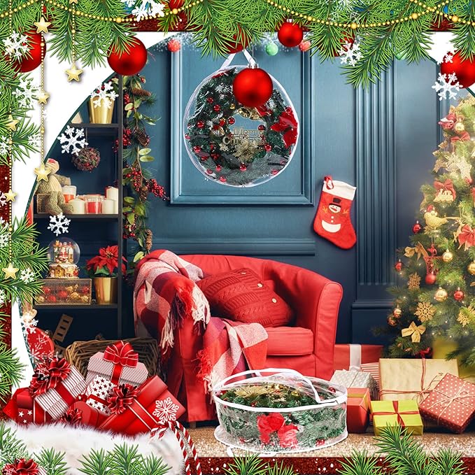 Shappy 6 Pieces Clear Christmas Wreath Storage Container 24 Inches Xmas Wreath Storage Bag Plastic Christmas Garland Container with Dual Zippers and Reinforced Handles for Xmas Seasonal (Clear)