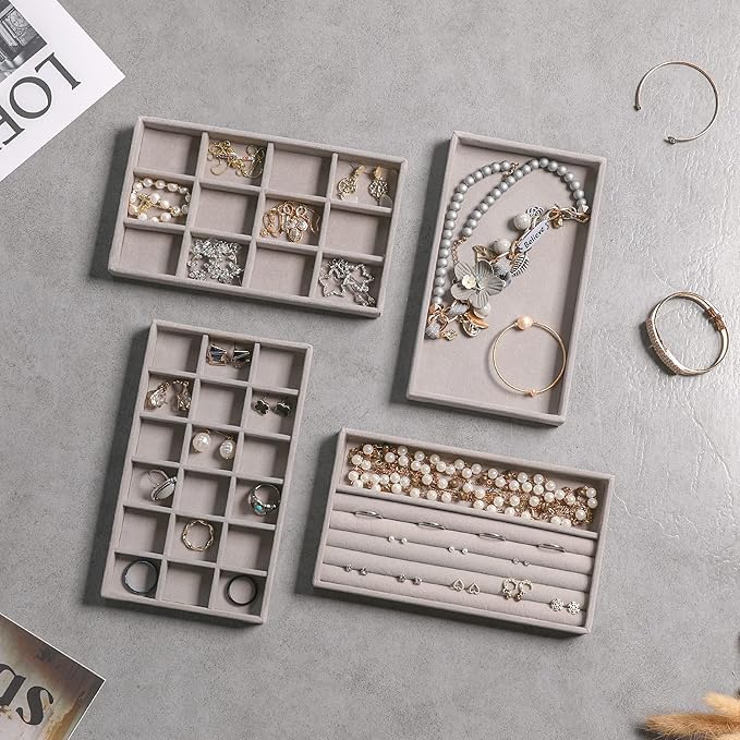 Frebeauty Jewelry Organizer Tray,Stackable Velvet Jewelry Trays,Drawer Inserts Earring Organizer For Women Jewelry Storage Display Case for Rings Stud Necklaces,Set of 6(Grey)