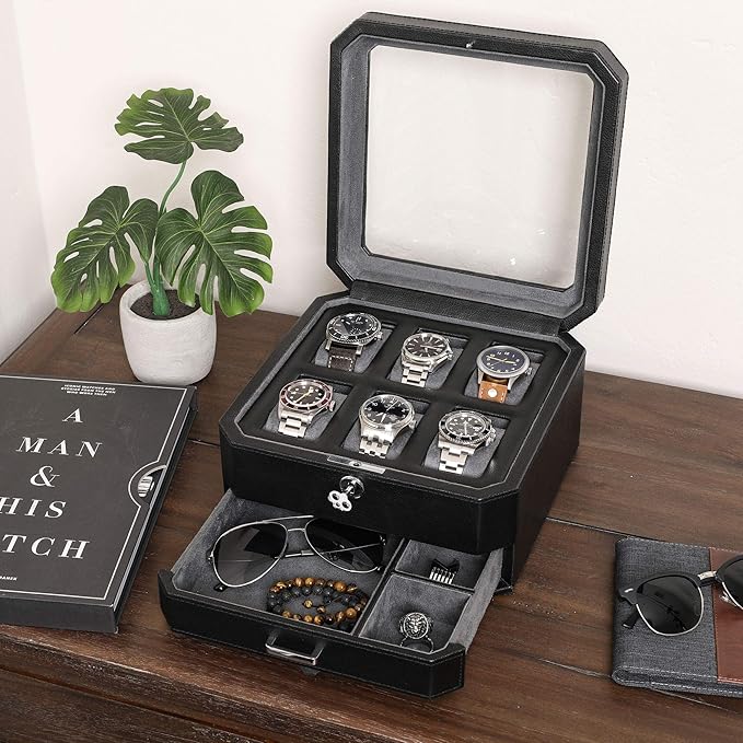 ROTHWELL 6 Slot Leather Watch Box with Valet Drawer - Luxury Watch Case Display Organizer, Microsuede Liner, Locking Mens Jewelry Watches Holder, Men's Storage Boxes With Large Glass Top (Black/Grey)