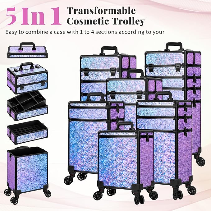 Profesional Rolling Makeup Train Case with Lid, 5 in 1 Cosmetology Case on Wheels, Large Cosmetic Trolley Organizer Travel for Hairstylist Artist Nail Beauty Salon Barber, Gravel Purple