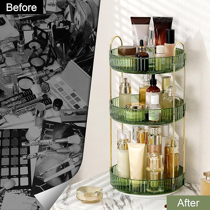 360 Rotating Makeup Organizer for Vanity, Bathroom Countertop Spinning Perfume Organizer, High-Capacity Cosmetic and Skincare Dresser Make Up Holder Rack (3 Tiers, Green)