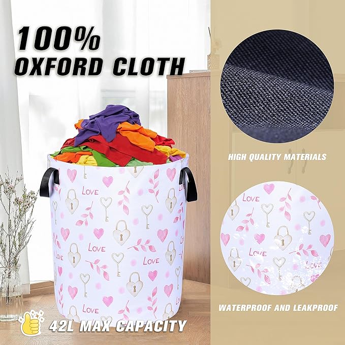 Love Cylinder Key Laundry Basket Pink Heart Foldable Oxford Cloth Tote Bag Laundry Hamper Clothes Storage Bucket Organizer For Bathroom/Laundry Storage/Bedroom 17.7x13.7Inch