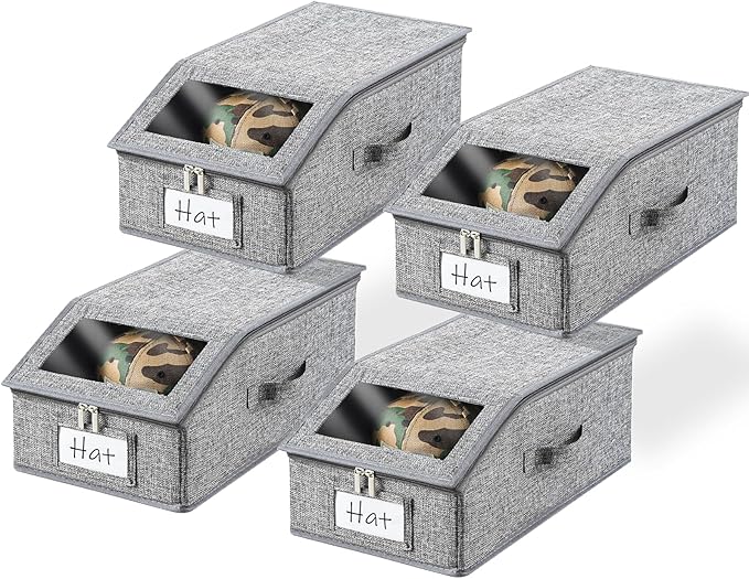 4 Pack Grey Hat Organizer for Baseball Cap, Hat Storage for Closet with Clear Window, Breathable Fabric Hat Box for Snacks, Toys, Socks, Stackable Hat Storage Organizer for Men/Women