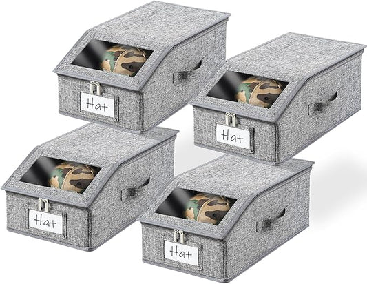 4 Pack Grey Hat Organizer for Baseball Cap, Hat Storage for Closet with Clear Window, Breathable Fabric Hat Box for Snacks, Toys, Socks, Stackable Hat Storage Organizer for Men/Women