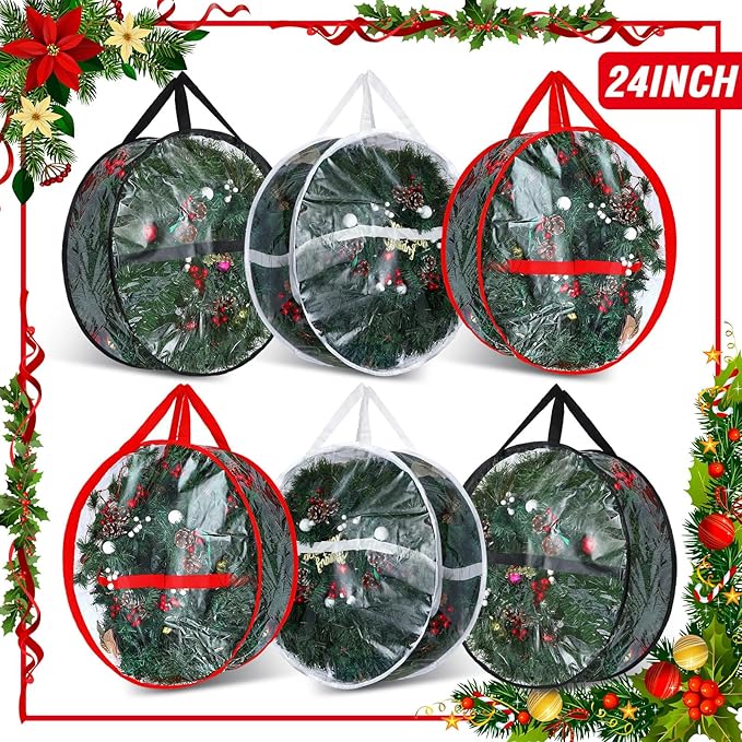 Zhengmy 6 Pcs Clear Christmas Wreath Storage Bag Wreath Storage Container With fixing strap Wreath Storage Box with Handles for Storing Garland Holiday Wreath Wrapping(24 Inches)