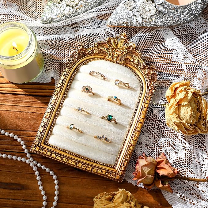 Vintage Ring Holder Arch Gold Ring Wedding Display Suede Jewelry Box Stand Frame Earring Tray Anniversary Engagement Baroque Organizer Photograph Prop for Women Birthday Christmas Gift