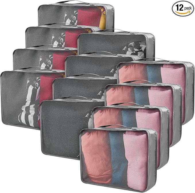 Silkfly 12 Pcs Packing Cubes for Suitcase Travel Luggage Bags Bulk Mesh Organizer Set for Hiking Camping Backpacking Clothes Accessories(Gray)
