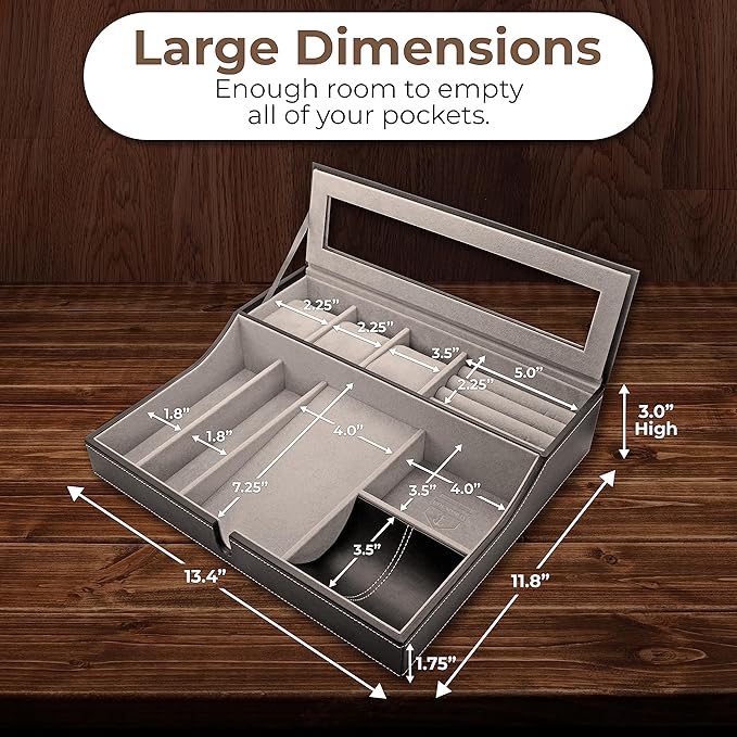 Mens Valet Box Organizer, Large Leather Valet Tray for Men, Mens Valet Tray Organizer with Charging Station, Mens Jewelry Box Organizer for EDC Valet Mens Accessories, Nightstand Bedside Dresser Top