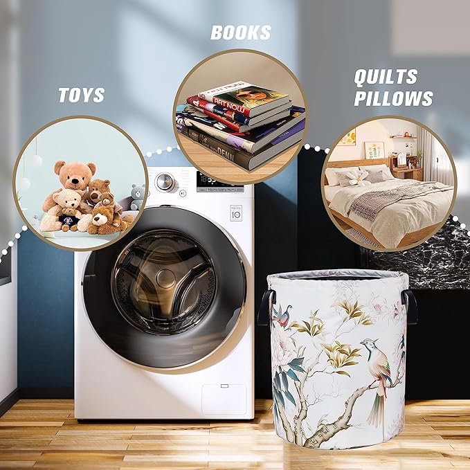 Bird Flower Laundry Basket Chinese Style Foldable Oxford Cloth Funny Tote Bag Laundry Hamper Clothes Storage Bucket Organizer For Bathroom/Laundry Storage/Bedroom 17.7x13.7Inch