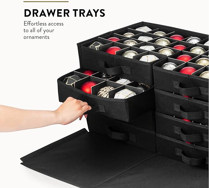 ZOBER Christmas Ornament Storage Box - Stores 128 3" Ornaments with Drawer Style Trays - Tear Proof 600D Oxford Fabric - Ornament Organizer Storage Box, Durable Christmas Containers Holder - Green