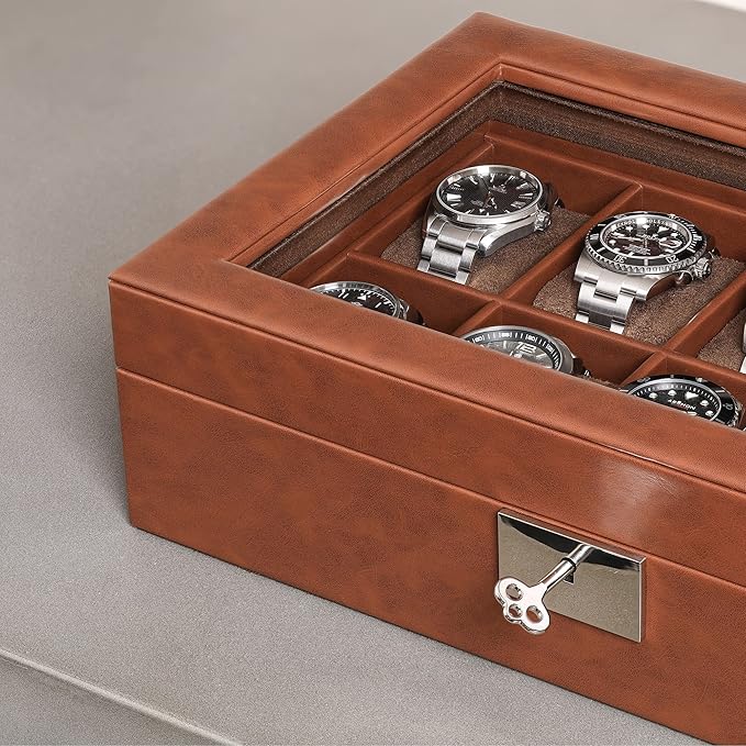 ROTHWELL 10 Slot Leather Watch Box - Luxury Case Display Jewelry Organizer - Locking Watch Display Case Holder with Large Glass Top - Box Organizer for Men and Women (Tan/Brown)