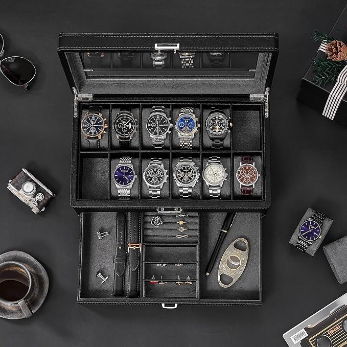 BEWISHOME Watch Box for Men, 12-Slot Watch Case with Drawer, 2-Layer Mens Jewelry Box with Large Glass Lid, Watch Display Case Watch Holder Organizer Watch Storage for Men Women Black, SSH02L