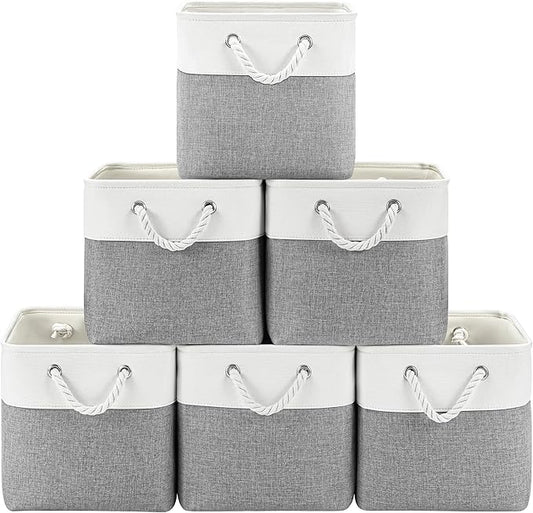11 Inch Storage Cubes 6-Pack, Foldable Fabric Organizer Bins with Rope Handles, Cube Storage Baskets for Closet Shelves and Home Organization(White/Gray)