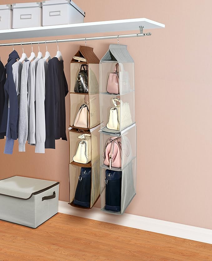 Detachable 4 Big Compartment Pouch Hanging Handbag Organizer Clear Purse Bag Storage Holder Wardrobe Closet Space Saving Organizers System for Living Room Bedroom Use(Pack of 2 Grey)