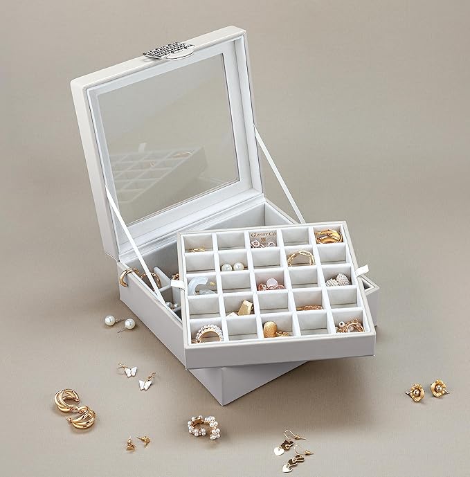 Glenor Co Earring Organizer - Classic 50 Section Jewelry Box/Case/Holder for Earrings, Rings, Necklaces, Jewelry, Cufflinks or Collections -2 Layer Small Compartments with Large Glass Top - Grey
