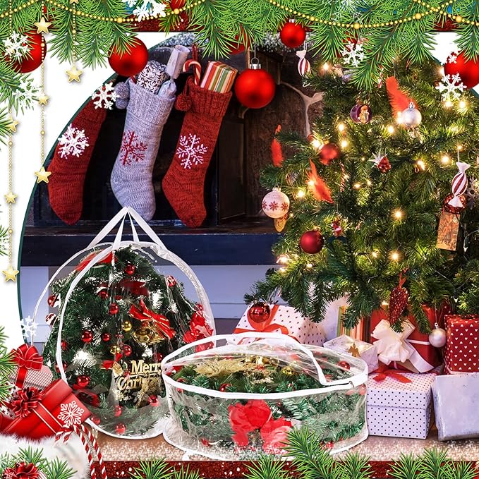 Shappy 4 Pcs 36 Inch Christmas Wreath Storage Container Clear Wreath Storage Bags PVC Waterproof Garland Bags with Clear Window Dual Zippers and Handles for Xmas Holiday Artificial Garland (White)
