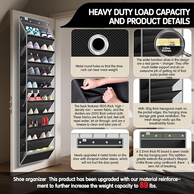 10 Tier Over The Door Organizer - Heavy Duty Hanging Storage Rack with Sturdy Oxford Fabric, Holds 20+ Pairs of Footwear, Boots & Sneakers, Saves 50% Closet Space (Black)
