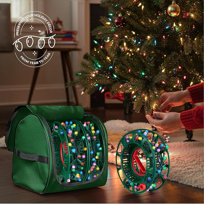 ZOBER Christmas Light Storage Reels - Christmas Light Organizer with 3 Plastic Wheels - 600D Oxford Fabric - Fits 200 Mini Lights per Spool, Lights Storage - Stitched Reinforced Handles - Green