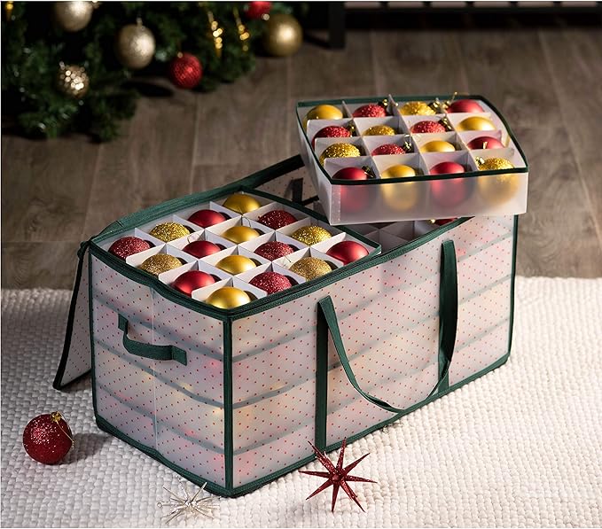 ZOBER Christmas Ornament Storage Box Plastic - Stores 128 3" Ornaments with Individual Trays - Ornament Organizer Storage Box, Durable Christmas Containers Holder - Green