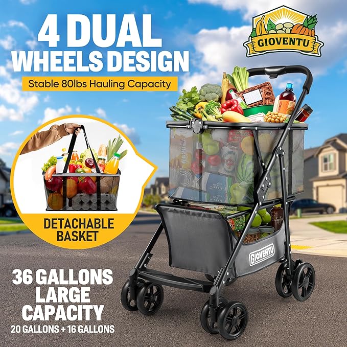 𝐍𝐞𝐰𝐥𝐲 𝐔𝐩𝐠𝐫𝐚𝐝𝐞𝐝 Folding Shopping Cart, 80lbs Collapsible Grocery cart with Removable Basket and 360° Swivel Wheels, Single-hand Fold, Portable Personal Stroller Shopping Cart for Groceries