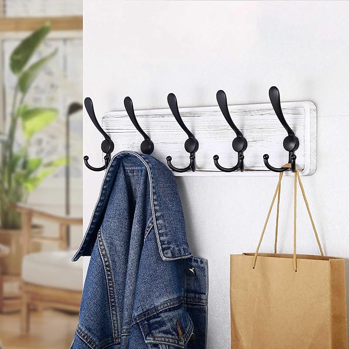 SKOLOO Rustic Wall Mounted Coat Rack: Pine Real Wood Plank Wall Coat Rack with 5 Triple Hooks, Farmhouse Coat Hanger Wall Mount for Hanging Backpack Jacket Coat Hat,Pack of 2