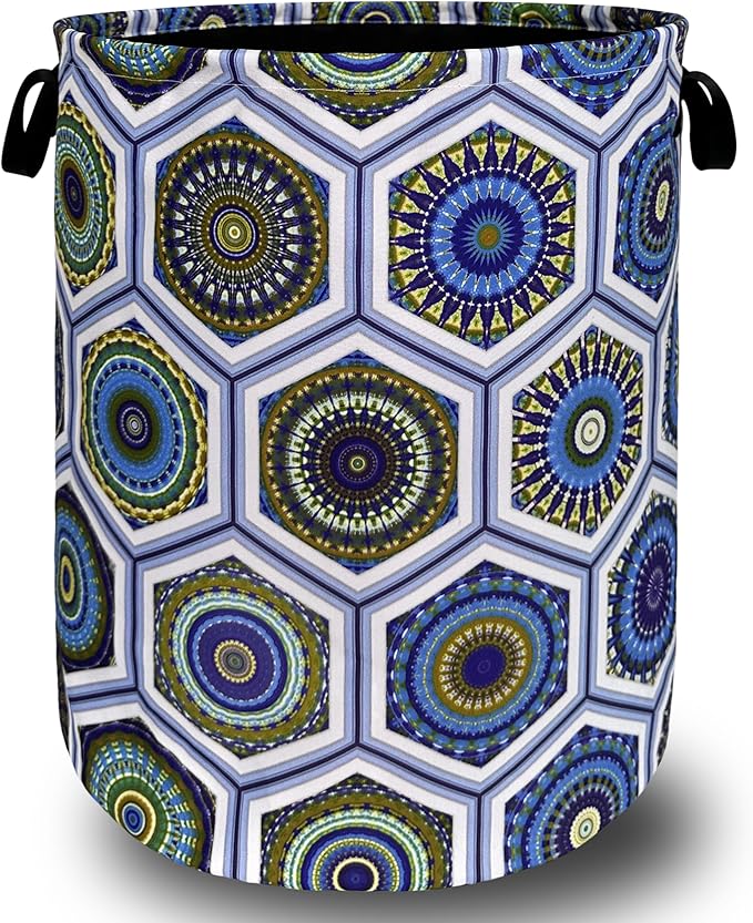Boho Blue Green Mandala Tile Laundry Hamper Foldable With Handles Colorful Tote Bag Oxford Cloth Laundry Basket Clothes Toy Storage Bucket 18.9" x 16.5" For Bathroom/Laundry/Bedroom