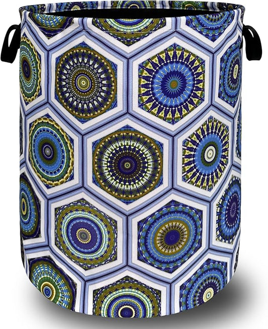 Boho Blue Green Mandala Tile Laundry Hamper Foldable With Handles Colorful Tote Bag Oxford Cloth Laundry Basket Clothes Toy Storage Bucket 18.9" x 16.5" For Bathroom/Laundry/Bedroom