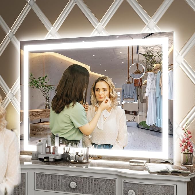 FENNIO Large Vanity Mirror with Lights，40" x 28"Makeup Mirror with Lights，Hollywood Mirror with 3 Color Modes & Adjustable Brightness，Vanity Mirror Square White