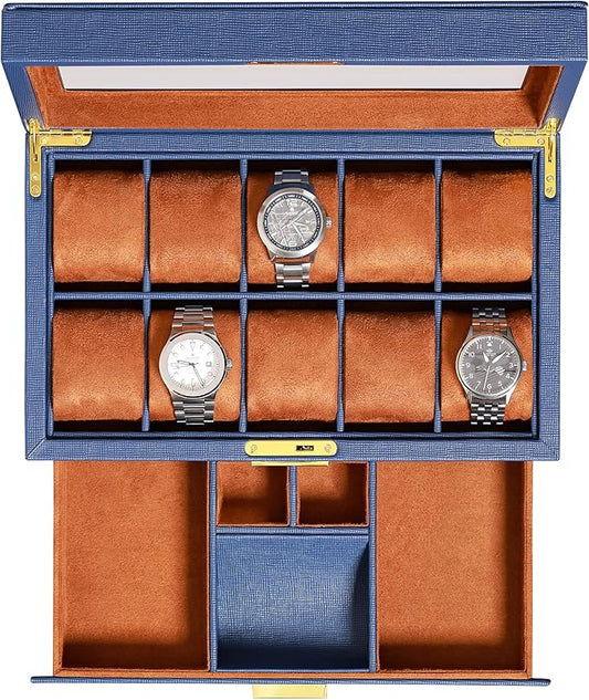 ROTHWELL 10-Slot Watch Box in Leather with Valet Drawer, Luxury Watch Case Display Organizer with Ultra Soft Microsuede Liner, Jewelry and Sunglass Holder With Large Glass top (Blue/Tan)