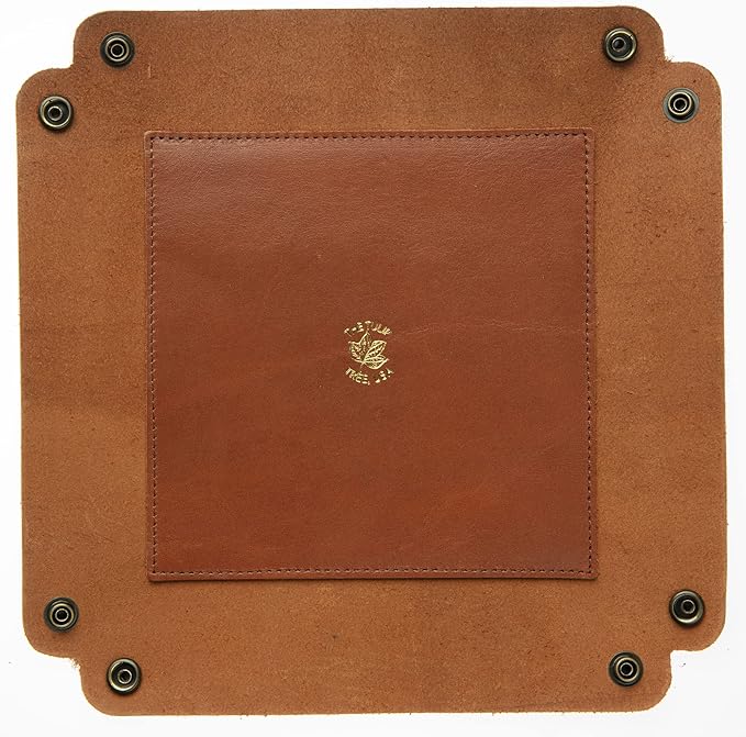 USA Handmade Premium Leather Valet Tray, Folds Flat! Dice Rolling Basket and Organizer with Brass Snaps (Old English Chestnut, Large)