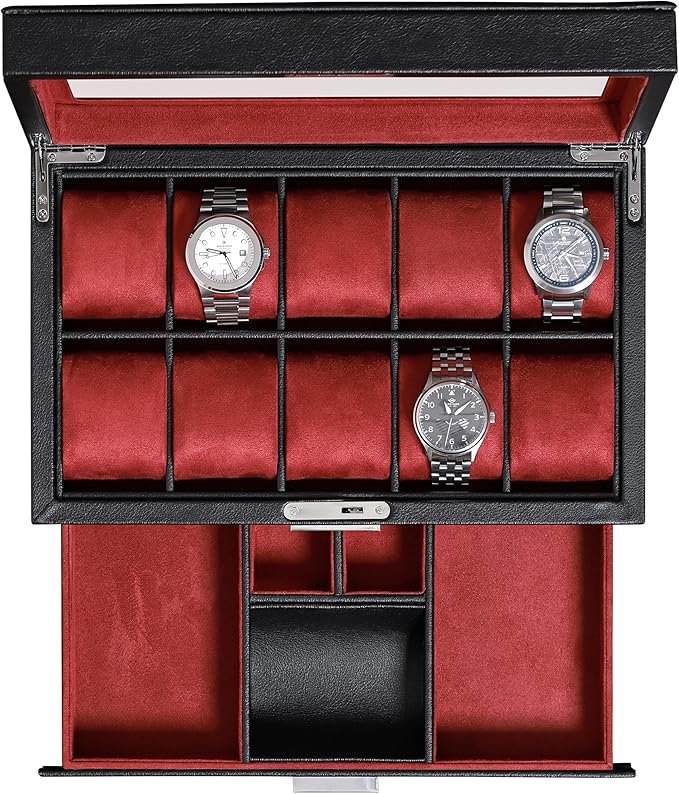 ROTHWELL 10-Slot Watch Box in Leather with Valet Drawer, Luxury Watch Case Display Organizer with Ultra Soft Microsuede Liner, Jewelry and Sunglass Holder With Large Glass top (Black/Red)