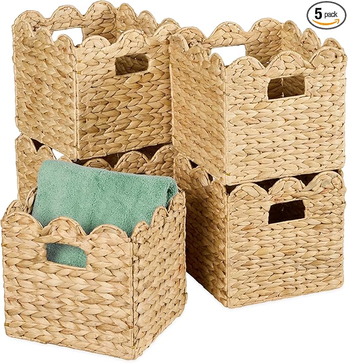 Best Choice Products 10.5x10.5in Scalloped Hyacinth Baskets, Set Of 5 Multipurpose Collapsible Storage Organizer, Handwoven Laundry Totes for Bedroom, Living Room, Shelves – Natural