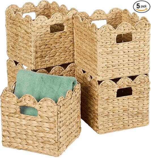 Best Choice Products 10.5x10.5in Scalloped Hyacinth Baskets, Set Of 5 Multipurpose Collapsible Storage Organizer, Handwoven Laundry Totes for Bedroom, Living Room, Shelves – Natural