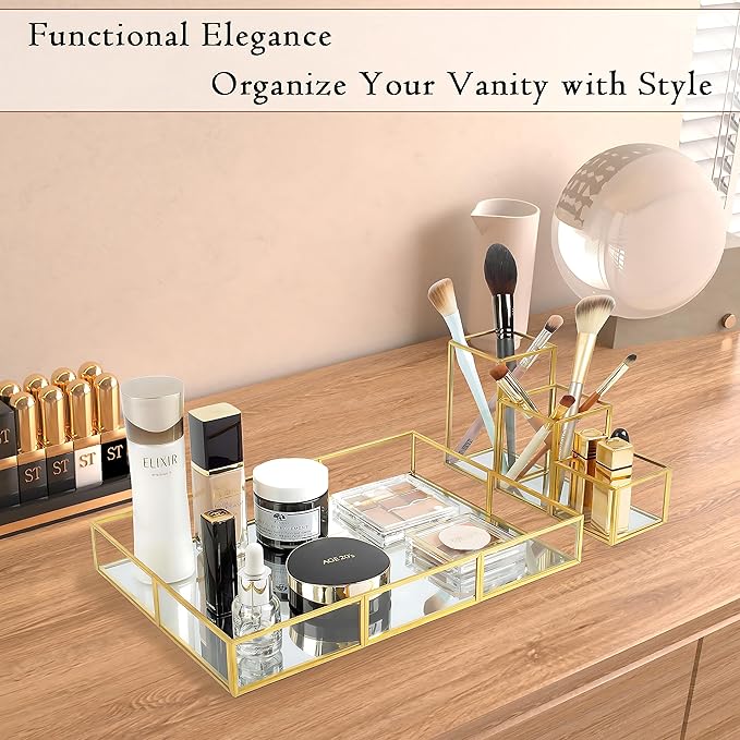 Gold Metal Frame and Glass Vanity Tray Set, Large Decorative Platform for Perfumes, Makeup Brushes, Jewelry Display, Office Stationery Holder, Sophisticated Design, 12.2x8.5x2.2 in