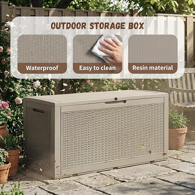 Vixzen 120 Gallon Waterproof Large Deck Box, Lockable Resin Outdoor Storage Box with Hydraulic Lid, Durable Storage Bin for Patio Furniture Cushions, Garden Tools, Pool Accessories, Gray