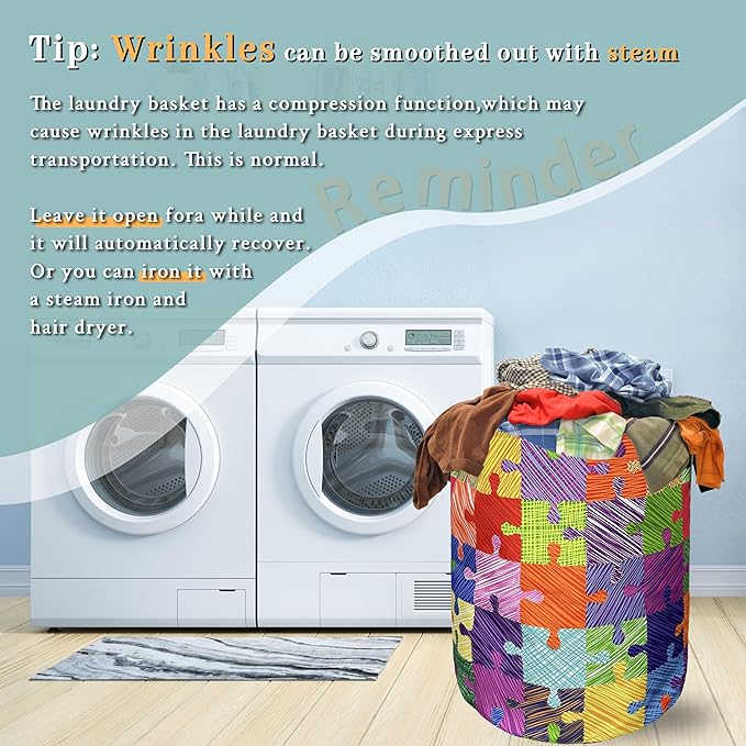 Colorful Autism Puzzles Laundry Basket With Handles Tote Bag Oxford Cloth Laundry Hamper 18.9" x 16.5 "Foldable Clothes Storage Bucket Toy Organizer For Bathroom/Laundry/Bedroom