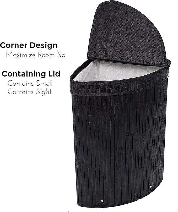 BirdRock Home Corner Laundry Hamper with Lid and Cloth Liner - Bamboo - Black - Easily Transport Laundry Basket - Collapsible Hamper - String Handles
