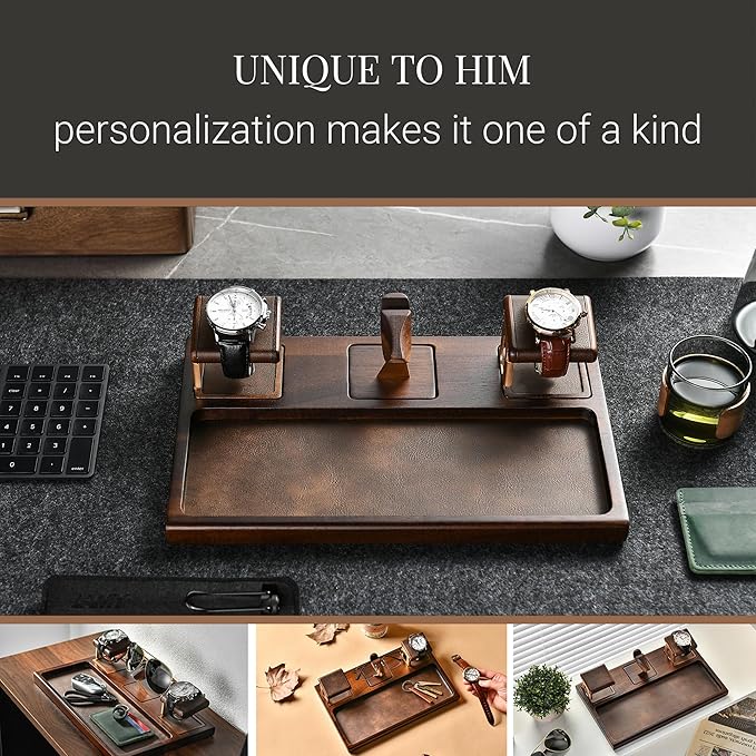 Shanik Wooden Nightstand Organizer – Everyday Carry Docking Station with Watch Holder & Glasses Tray, Personalized Gift for Men or Women