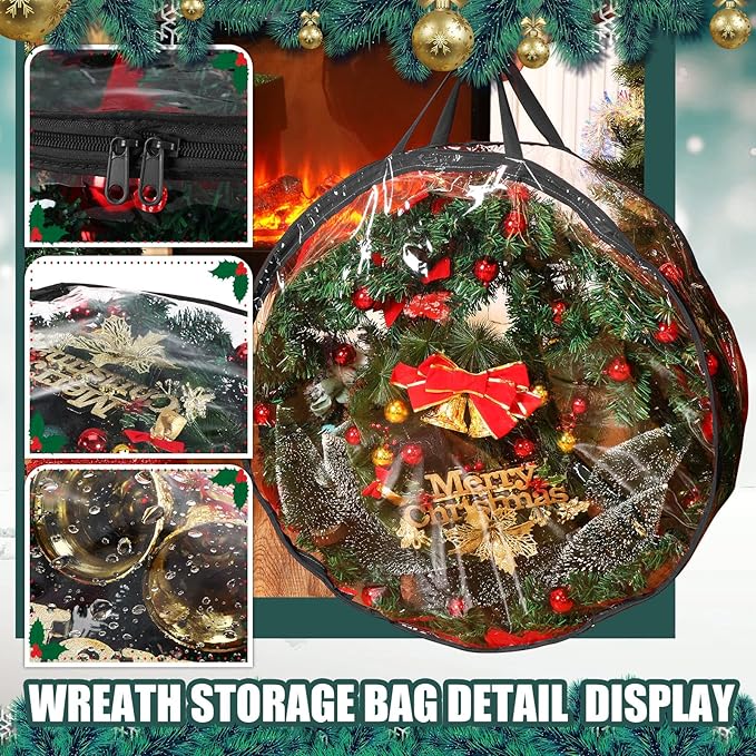 Shappy 4 Pieces Clear Christmas Wreath Storage Container 24 Inches Xmas Wreath Storage Bag Plastic Christmas Garland Container with Dual Zippers and Reinforced Handles for Xmas Seasonal (Black)