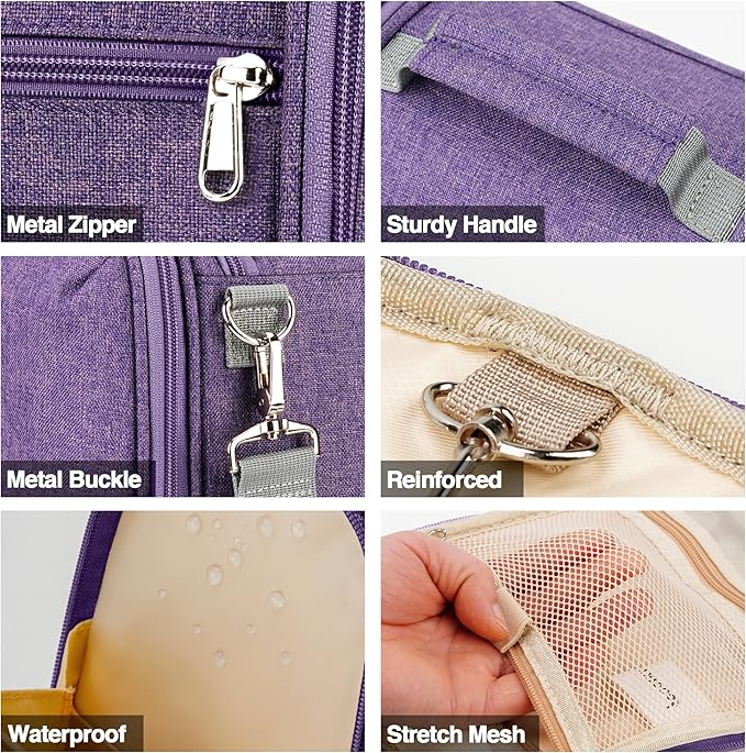 Travel Hanging Toiletry Bag for Women and Men, 6 Organizer Compartments, Holds Full Size Bottles, Extra Large Cosmetic Accessories, Makeup essentials, Bathroom Water-resistant Toiletries Bag, Purple